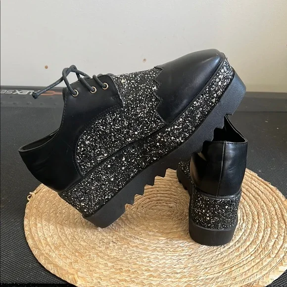 Black Glitter Platform Oxford  Funky Shoes Size 38 - Picture 10 of 14